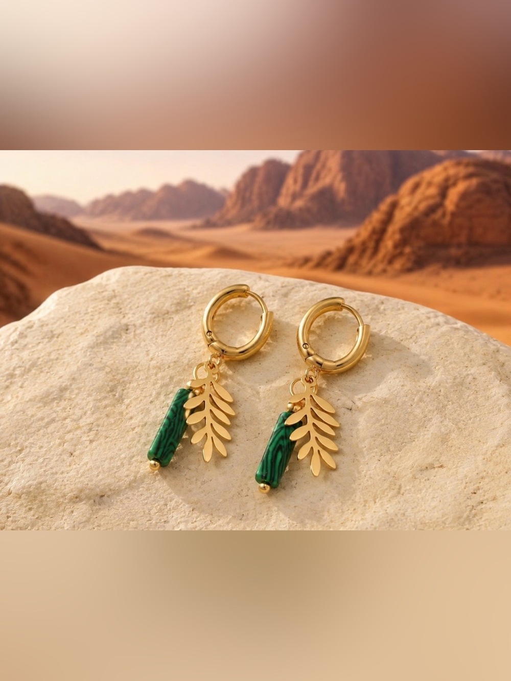 Gold Leaf Hoop Earrings with Green Stone Drop-Stainlees St,18K Gold Plated